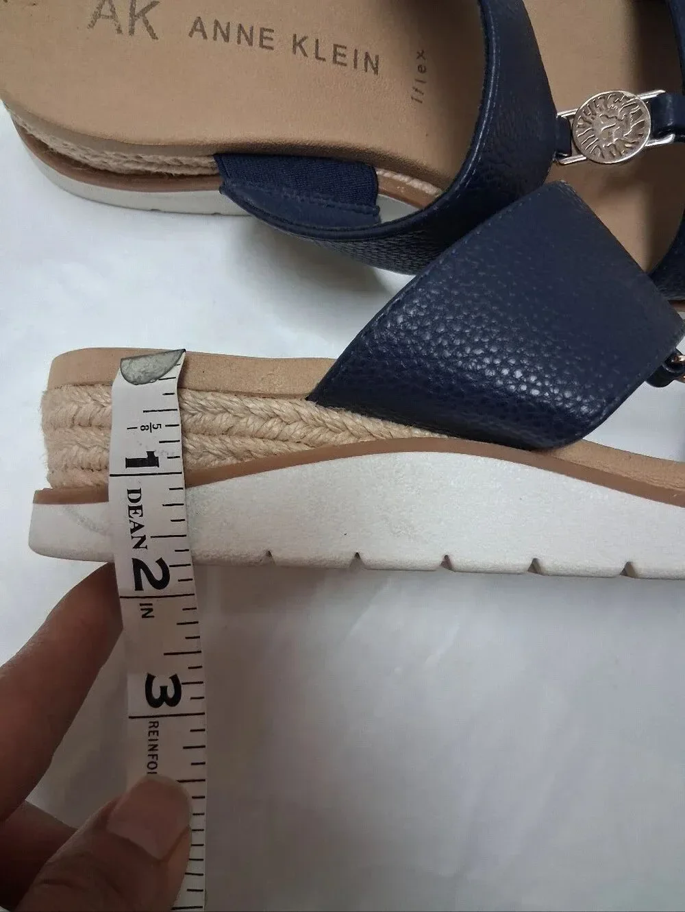 Anne Klein Navy Double-Band Slide Sandals with Gold Medallion Size 10M Preowned